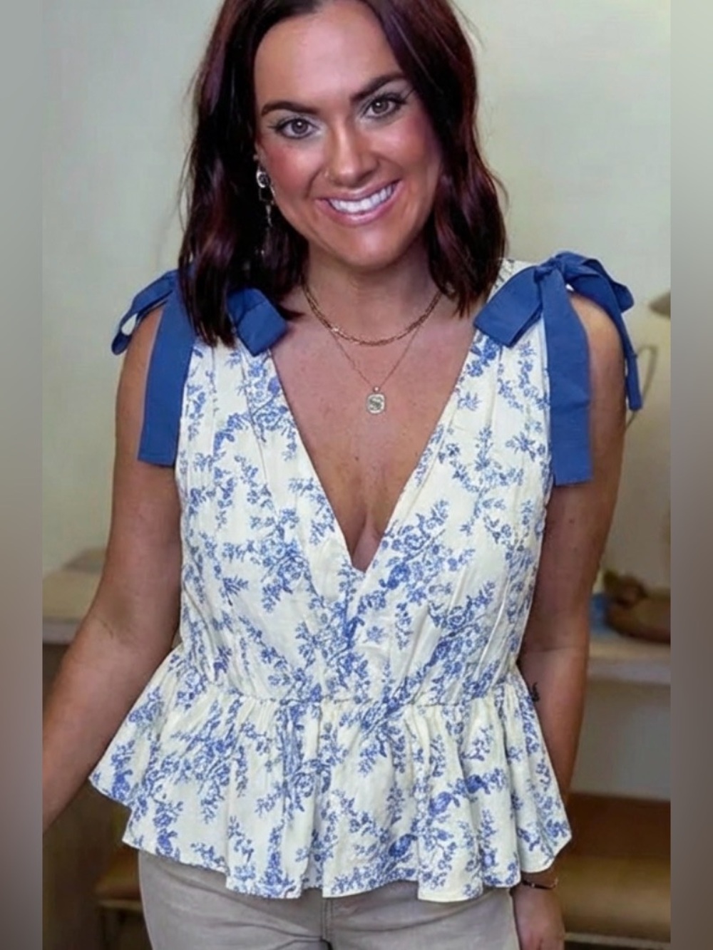 Heyson~Blue Floral Tie-Shoulder Peplum Top